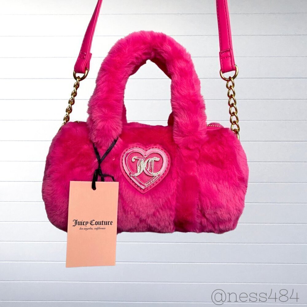 Juicy Couture Lets Get Cozy Roll Bag Pink Flash Faux Fur Heart‎ Logo